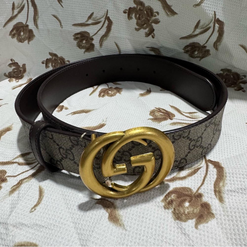 Gucci Beige GG Supreme and Leather GG Marmont Buckle Belt - Picture 8 of 13